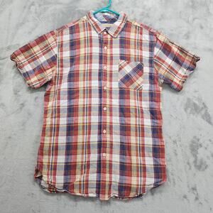 Nifty Genius Shirt Mens M Blue Red Plaid‎ Button Up Short Sleeve Casual Preppy